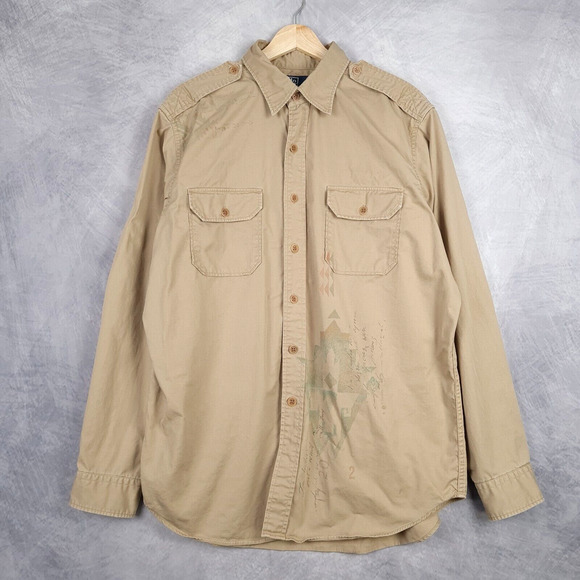 Polo Ralph Lauren Shirt Mens XL Button Up Military Surplus Cargo Aztec Printed - Picture 1 of 16